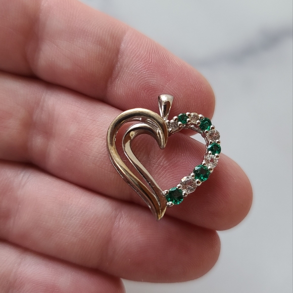 Jewelry - 925 10K Gold White Spinal Green CZ Open Heart Pendant